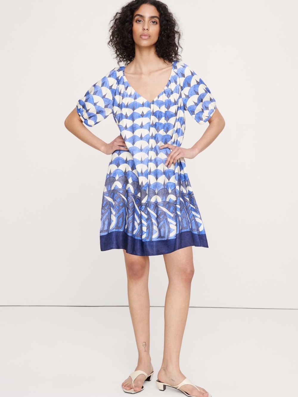 NWT Banana Republic Puff Sleeve Linen Blend Mini Dress in Blue Geo print, Sz M